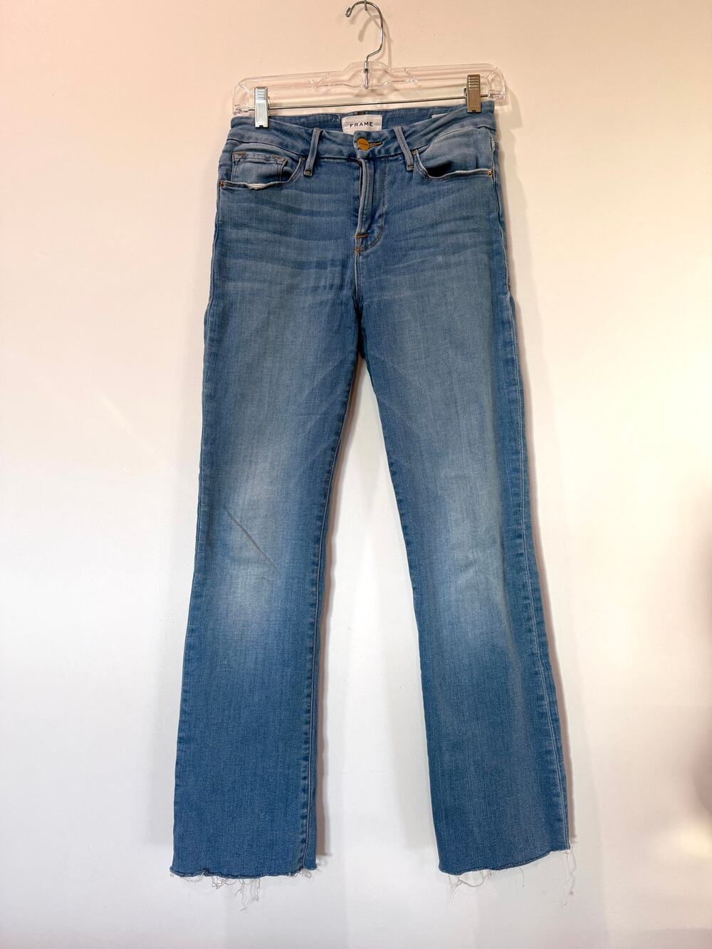 FRAME denim Le Mini Boot Jeans Sz 26 Frayed Hem Stretch Mid Rise Blue